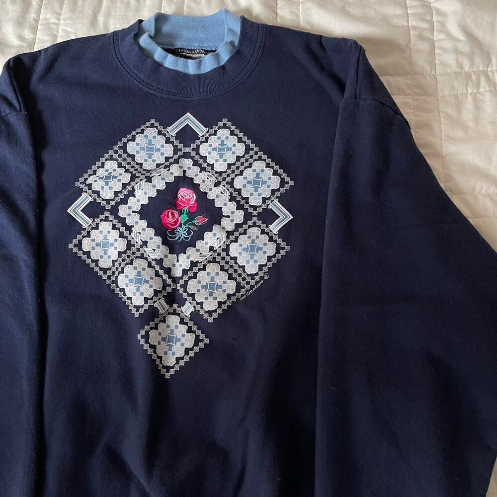 Vintage 90s floral grandma double neck sweatshirt embroidered rose sz L cozy